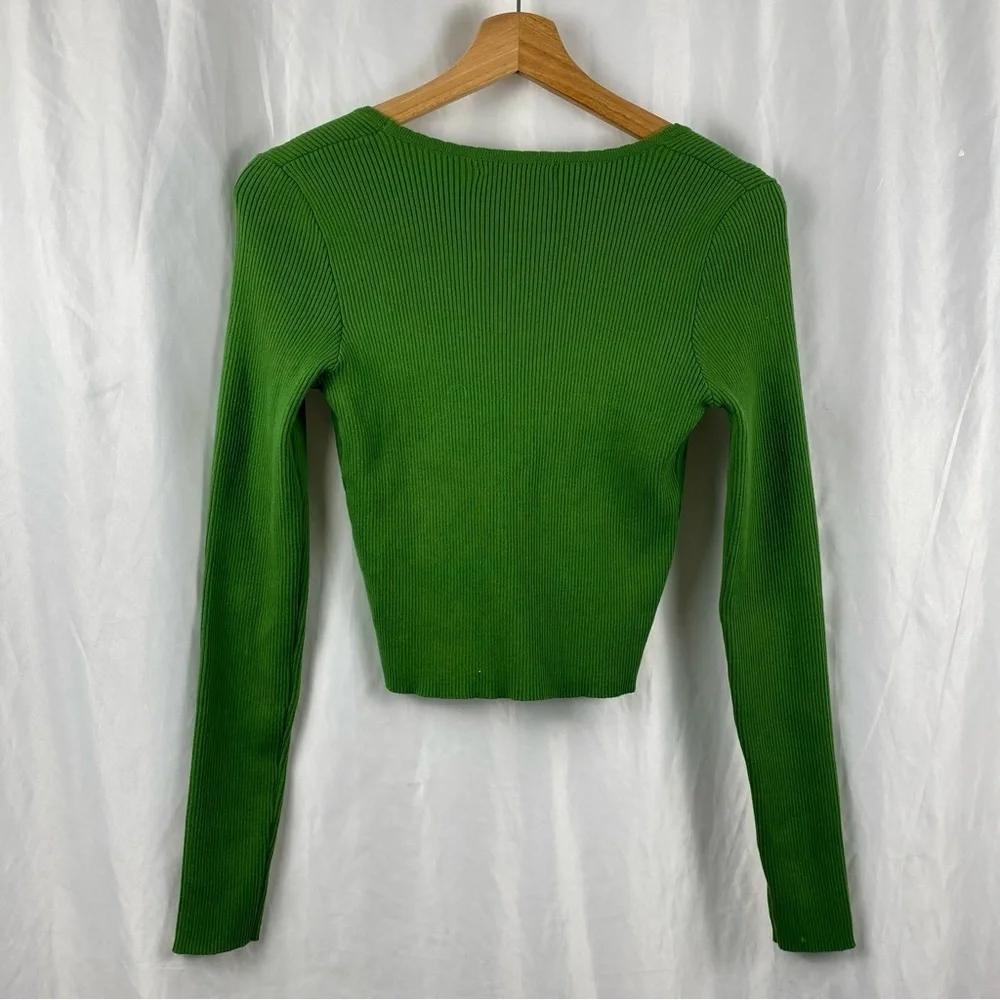 Forever 21 Women’s Green Ribbed Long Sleeve Cropped Sweater Cardigan Top Medium